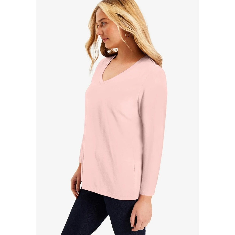 June + Vie Stretchy Spandex‎ Top Size 1X Pink V-Neck Basic Casual Long Sleeve